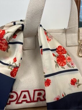 Parke Canvas Tote with Floral Scarf Accent - Cream and Red - NWT
